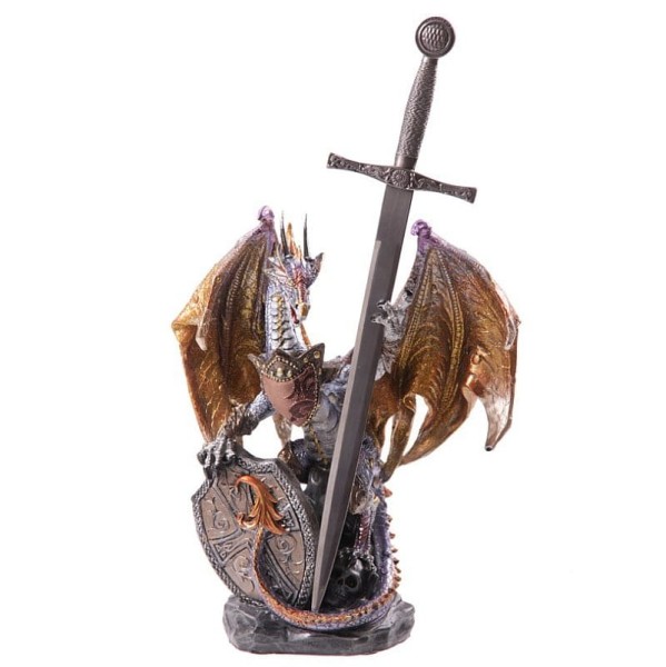 Smok z Tarczą i Stalowym Mieczem - figurka fantasy
