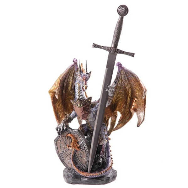 Smok z Tarczą i Stalowym Mieczem - figurka fantasy