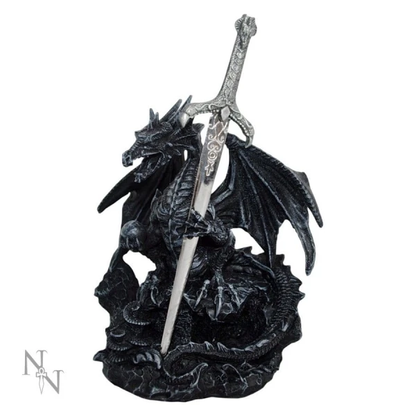 Czarny Smok ze Sztyletem - figurka fantasy z nożem do listów