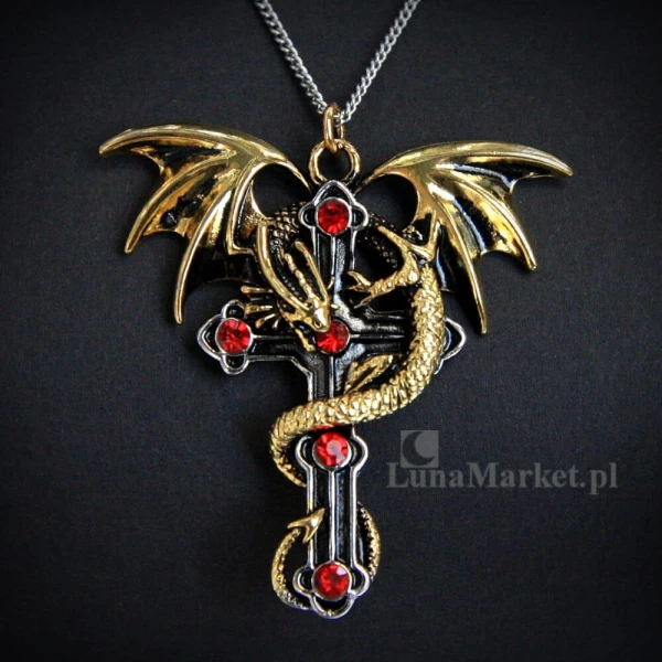 Naszyjnik Krzyż ze Smokiem "Crux Dragana" - seria: Carpe Noctum Anne Stokes - biżuteria gotycka, amulet ochronny